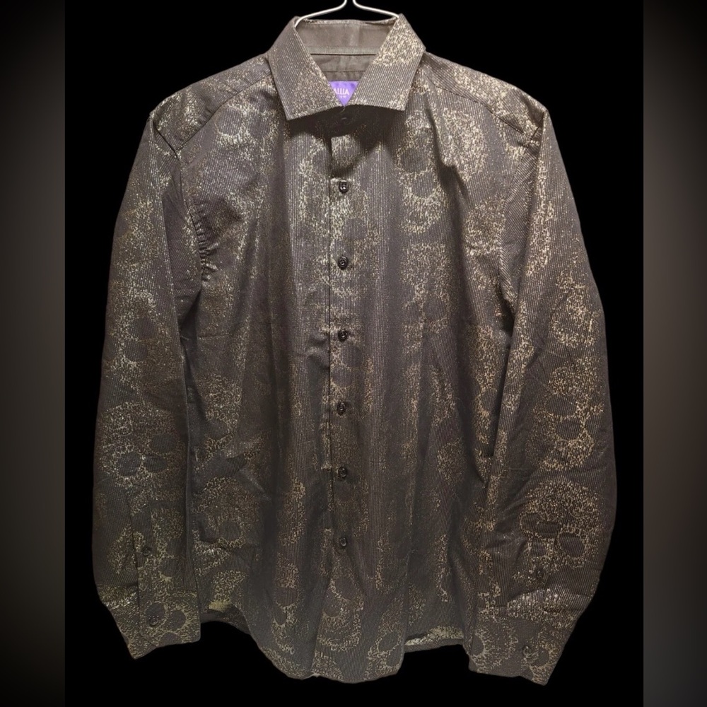 TALLIA Black and Gold Skull Pattern Shirt